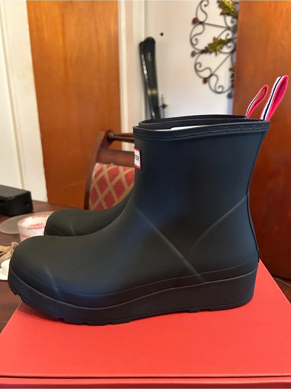 Hunter Black Short Rain Boots with Red-Trim Logo